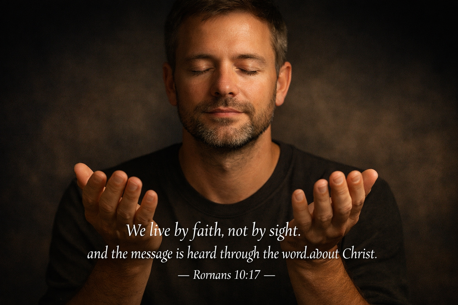 Person with closed eyes and open hands raised upward against dark background with 2 Corinthians 5:7 verse about faith not sight